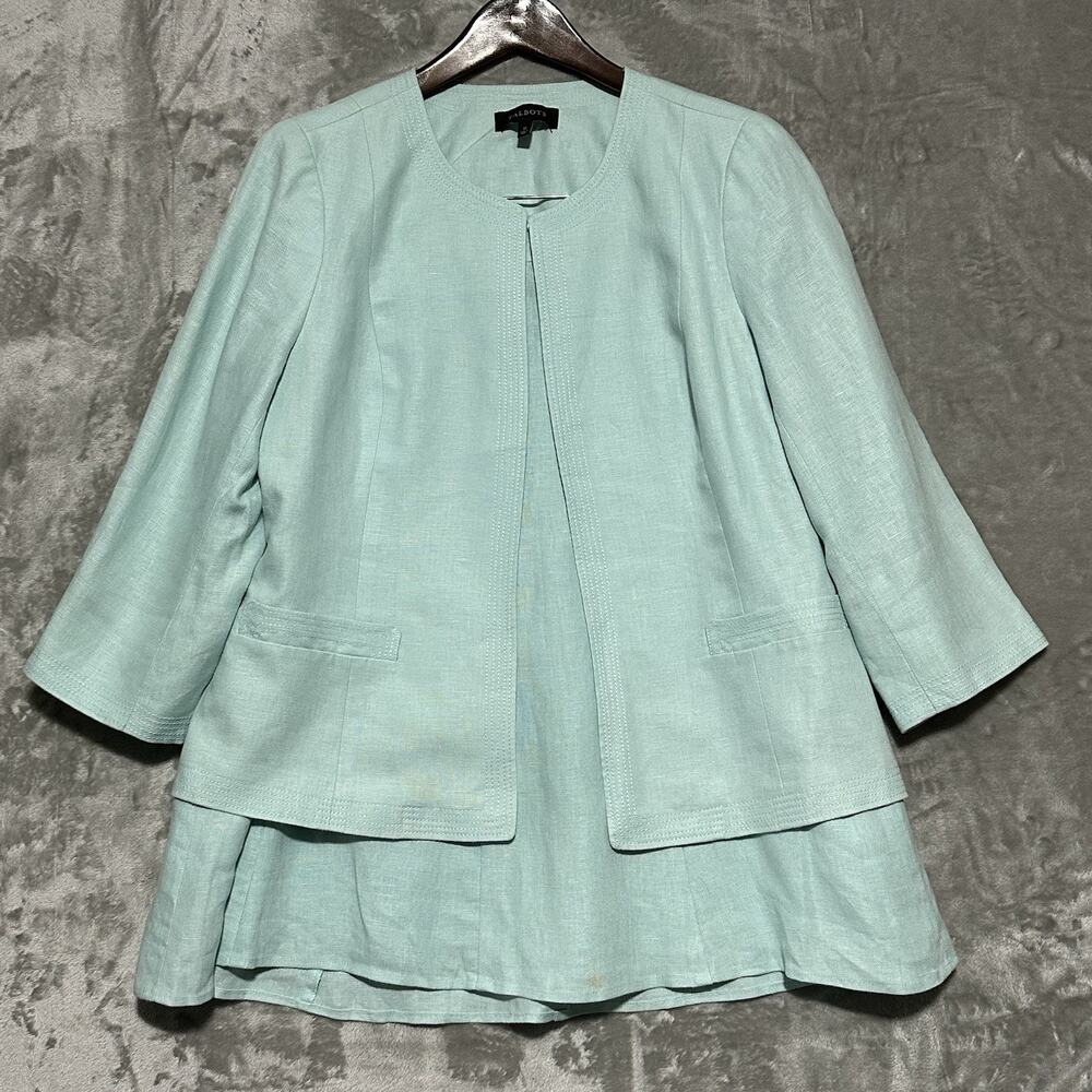 Talbots Linen Skirt Suit Set Womens Size 8p Blazer Jacket Size 12 Blue Corpcore